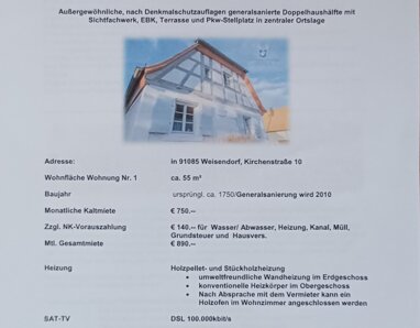 Terrassenwohnung zur Miete 750 € 2 Zimmer 55 m² 2. Geschoss frei ab 01.08.2024 Kirchenstrasse 10 Weisendorf Weisendorf 91085