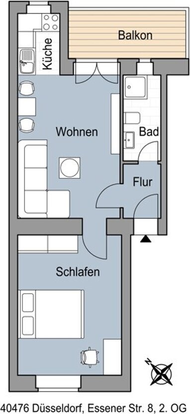 Wohnung zur Miete 476 € 2 Zimmer 45,2 m² 2. Geschoss Essener Str. 8 Derendorf Düsseldorf 40476