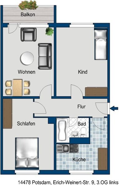 Wohnung zur Miete 476,27 € 3 Zimmer 66,2 m² 3. Geschoss Erich-Weinert-Str. 9 Waldstadt I Potsdam 14478